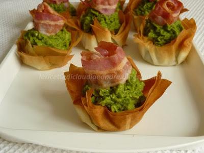 Cestini di pasta filo con crema di asparagi e pancetta croccante