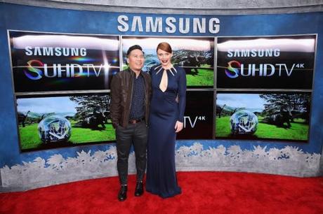 HOLLYWOOD, CA - JUNE 09:  Actors B. D. Wong (L) and  Bryce Dallas Howard pose in front of Samsung’s SUHD TVs at the premiere of Jurassic World at Dolby Theatre on June 9, 2015 in Hollywood, California.  (Photo by Jonathan Leibson/Getty Images for Samsung)
