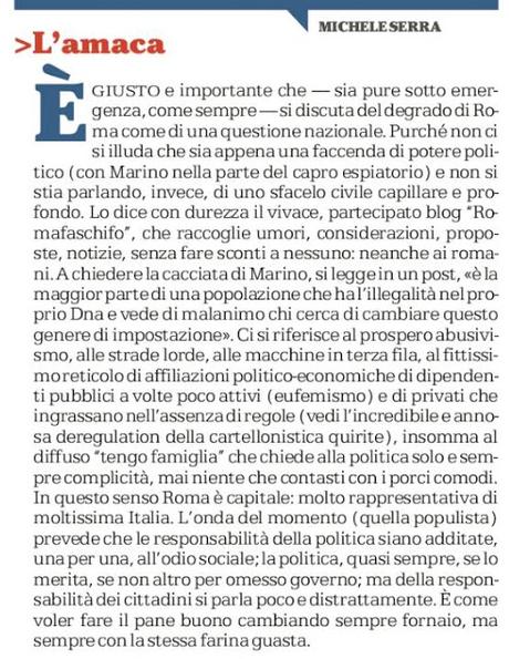 Cosa ha scritto su Roma fa Schifo oggi Michele Serra che su Repubblica ci ha dedicato la sua Amaca? Ecco cosa ha scritto