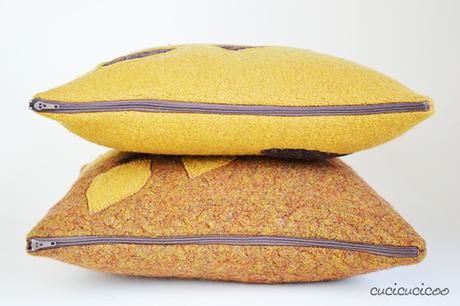 Tutorial: Come cucire un cuscino di lana infeltrita (o bollita) con applicazioni a forma di foglie da maglioni recuperate. Template per le appliqué compreso! www.cucicucicoo.com