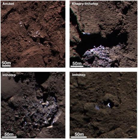 Esempi di zone ghiacciate visibili sulla cometa 67P / Churyumov-Gerasimenko nel settembre 2014. Le due immagini a sinistra sono state scattate da OSIRIS il 5 settembre; le immagini a destra risalgono al 16 settembre. Durante questo periodo la sonda era a circa 30-40 km dal centro cometa. Crediti: ESA/Rosetta/MPS for OSIRIS Team MPS/UPD/LAM/IAA/SSO/INTA/UPM/DASP/IDA