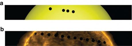 Transito del pianeta Venere sul disco solare ripreso nella banda ottica (a 4500 Angstrom) e nell’estremo ultravioletto (171 Angstrom) dall’Atmospheric Imaging Assembly a bordo del Solar Dynamics Observatory della NASA. Crediti: Using the transit of Venus to probe the upper planetary atmosphere, Fabio Reale, Angelo F. Gambino, Giuseppina Micela, Antonio Maggio, Thomas Wideman & Giuseppe Piccioni, Nature Communications 6, Article number: 7563