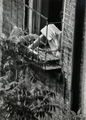 Woman reading in fire escape window