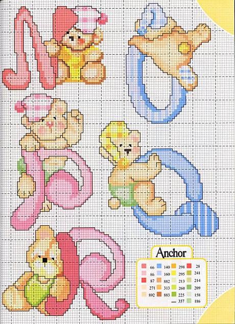 Alfabeto a punto croce con gli orsetti, schemi / Cross stitch alphabet with teddy bears, free patterns