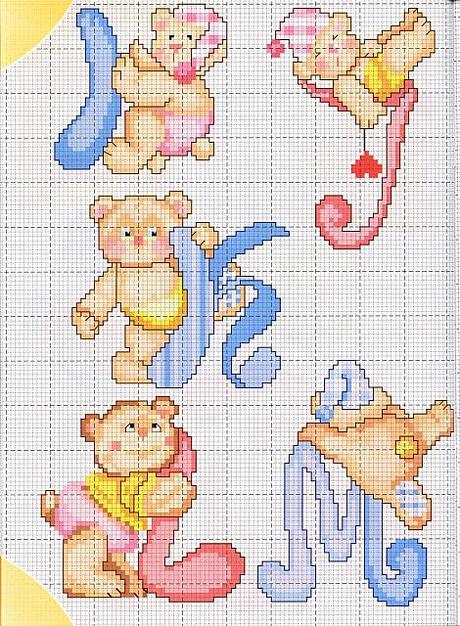 Alfabeto a punto croce con gli orsetti, schemi / Cross stitch alphabet with teddy bears, free patterns