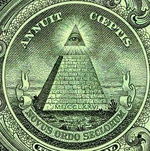 Il complottismo nei videogiochi Dettaglio del retro della banconota statunitense da un dollaro: la piramide con l'Occhio della Provvidenza rappresenta, in Deus Ex: Human Revolution, il simbolo del New World Order e degli Illuminati. Pubblico dominio.