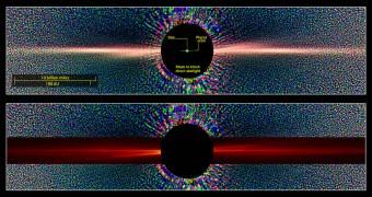 Queste immagini confrontano una vista della stella Beta Pictoris in luce diffusa come vista  dal telescopio spaziale Hubble (in alto), con una vista simile costruita con i dati ottenuti grazie alla simulazione SMACK (overlay rosso, in basso).  Credits: sopra, NASA/ESA and D. Golimowski (Johns Hopkins Univ.); sotto, NASA Goddard/E. Nesvold and M. Kuchner 