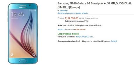 Samsung Galaxy S6 Dual sim  G920 Galaxy S6 Smartphone  32 GB DUOS DUAL SIM BLU  Europa   Amazon.it  Elettronica Samsung Galaxy S6 Dual sim disponibile anche in Italia al prezzo di 630 euro tramite rivenditori terzi su Amazon Italia