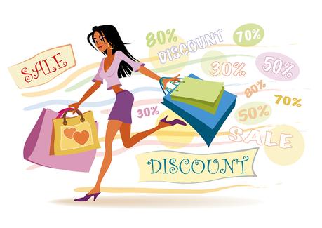 Vector illustration of girl with shopping bags on the sales