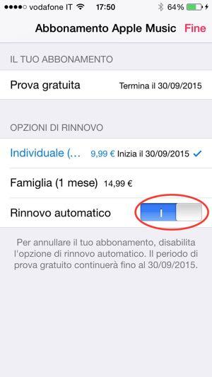 Come disattivare rinnovo automatico Apple Music