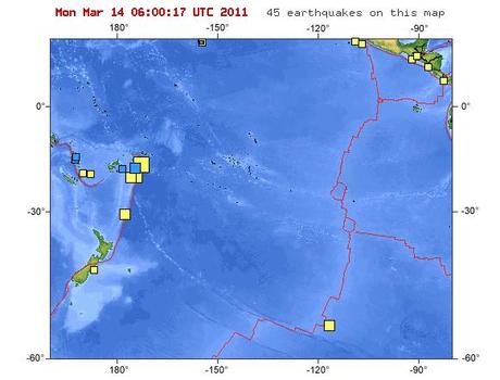 mappa aggiornata degli ultimi terremoti nel Sud Pacifico