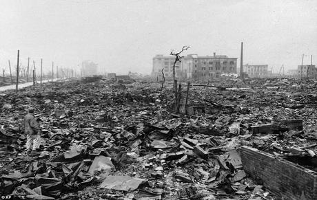 n this 1945 file photo, twisted metal and rubble marks what once was Hiroshima, Japan's most industrialized city, seen some time after the atom bomb was dropped here.