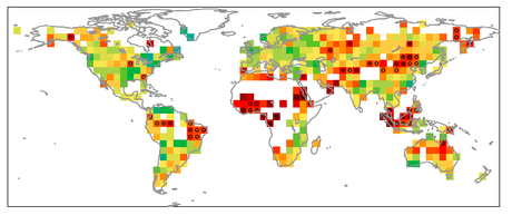 Gli hot spot climatici (in rosso), il circoletto nero indica che il cambiamento è significativo. Il cambiamento è via via meno forte per le aree indicate in arancione, giallo e verde (Cnr) (insalutenews.it)