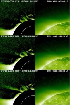 Le riprese di un getto coronale avvenuto il 21 novembre 2007 e osservato dalla sonda STEREO-B. Nella colonna di destra, la sequenza presa dallo strumento EUVI, in quella di sinistra dal coronografo COR1, dove è ben visibile la deflessione del getto dovuta alle linee del campo magnetico solare. Crediti: STEREO/NASA/G. Nisticò/ U. Warwick