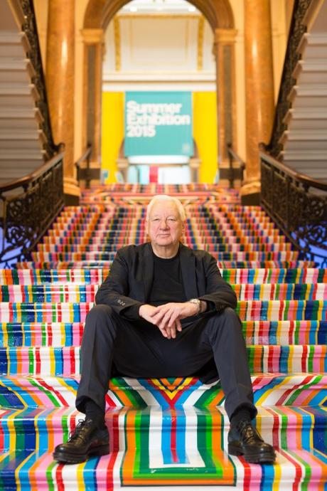 Michael Craig-Martin CBE RA unveiling a new site-specific artwork by Jim Lambie for the Summer Exhibition 2015  Â© David Parry, Royal Academy of Arts