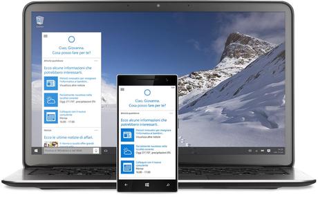 Laptop e Windows Phone con Cortana sugli schermi
