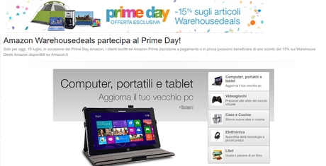 Offerte Amazon Prime Day: sconto del 15% su tutti i prodotti Amazon Warehousedeals