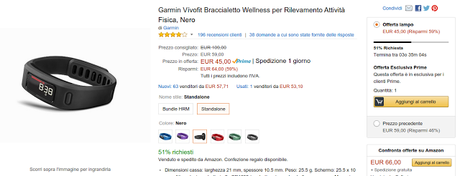 Promozione Amazon Prime Day: Garmin Vivo Fit  a 45 euro scontato del 59%