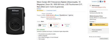 Offerta Amazon Prime Day: Nikon Coolpix S01 Fotocamera Digitale Ultracompatta a 49 euro scontata del 45%