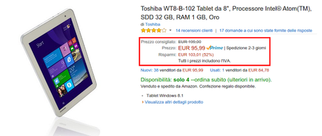 Offertona Amazon: tablet Windows 8.1 Toshiba scontato del 50% a 95 euro