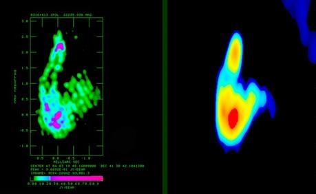 A sinistra, immagine RadioAstron a 22 GHz della radio galassia 3C84. A destra, per confronto, la stessa sorgente ripresa solo con antenne terrestri, sempre a 22 GHz. Crediti: RadioAstron / G.Giovannini (UniBo/INAF), M.Orienti (INAF)