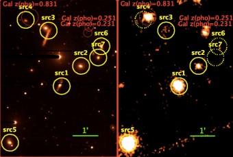 Le immagini nella banda dei raggi X (a destra, XMM-Newton) e ottica (a sinistra, telescopio BUSCA nella banda R) mostrano l’eccezionale campo di SDSS J0959+1259. Le sorgenti rivelate sono indicate con dei cerchi gialli, mentre le linee tratteggiate indicano sorgenti non rivelate nei raggi X. Gli AGN nel campo sono src5, src1, src2 e src3. Il quinto AGN, src8 si trova a circa 8 minuti d'arco da src1 verso sinistra (Est) fuori dall’immagine. Src4, src6 e src7 sono galassie con un’intensa formazione stellare