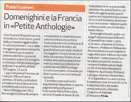 Sul quotidiano "Bresciaoggi&quot; del 13 giugno 2015, un articolo su «Petite Anthologie», opera antologica di Luciano Domenighini