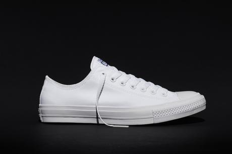 This photo provided by Converse shows the new Fall 2015 Chuck Taylor All Star II white sneaker, a modern adaptation of the original Chuck Taylor All Star. The new shoe goes on sale July 28, 2015, in black, white, red and blue.  (Converse via AP)