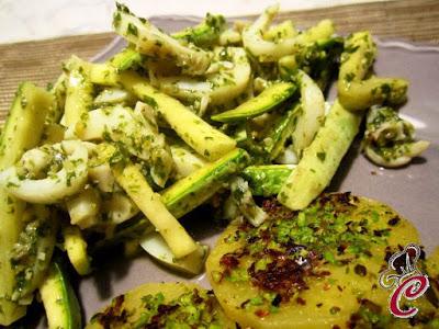 Marinatura di seppie e zucchine al basilico con patate in panatura di pistacchio: monocromie di sapori poliedrici