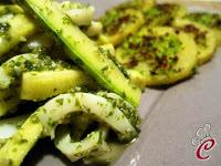 Marinatura di seppie e zucchine al basilico con patate in panatura di pistacchio: monocromie di sapori poliedrici