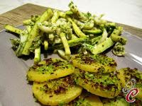 Marinatura di seppie e zucchine al basilico con patate in panatura di pistacchio: monocromie di sapori poliedrici