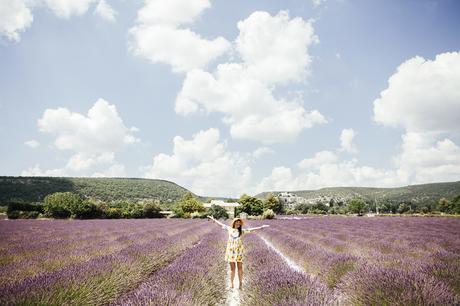 Provenza: alla ricerca della lavanda perduta, Sandra Bacci, abito con girasoli, campi di lavanda in fiore 