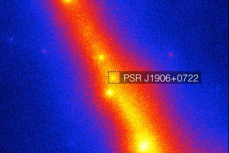 La mappa del cielo di  Fermi-LAT con l'area della recente scoperta della pulsar PSR J1906 + 0722 con diverse altre pulsar a raggi gamma. La scala di colori mostra l'intensità dei raggi gamma. Il quadrato tratteggiato al centro racchiude la posizione della pulsar