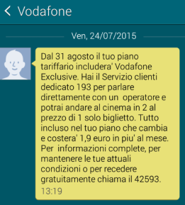 Vodafone attiva Exclusive su tutti i suoi numeri, ma come disattivarla per non pagare 1.90 al mese?
