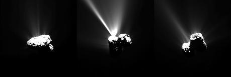 Questa serie di immagini della cometa 67P è stata acquisita dallo strumento OSIRIS di Rosetta tra il 12 e il 13 agosto 2015 (ora italiana), poche ore prima del perielio. L'immagine a sinistra è stata scattata alle 16:07 del 12 agosto, l'immagine centrale alle 19:35, e l'immagine finale alll'1:31 del 13 agosto. Le immagini sono state scattate a una distanza di circa 330 km dalla cometal L'intensa attività è chiaramente visibile, in particolare nell'immagine centrale è spossibile ammirare un intenso getto. Crediti: ESA/Rosetta/MPS for OSIRIS Team MPS/UPD/LAM/IAA/SSO/INTA/UPM/DASP/IDA
