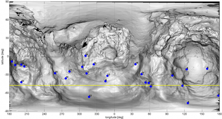 L'aspetto intricato di questa mappa è causato dalla forma insolita a doppio lobo della cometa: il piccolo lobo si trova al centro della mappa, mentre porzioni del grande lobo sono mostrate a sinistra e a destra. I punti blu si riferiscono alle possibili fonti, sulla superficie della cometa, di alcuni dei getti di polvere recentemente osservati da OSIRIS. La linea gialla indica i punti sulla superficie in cui il Sole si trova allo zenit. Crediti: Credit: ESA/Rosetta/MPS for OSIRIS Team MPS/UPD/LAM/IAA/SSO/INTA/UPM/DASP/IDA