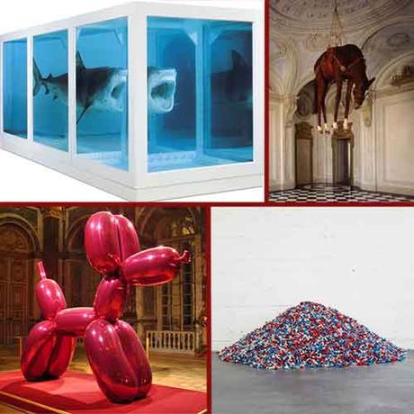 Squalo di Damien Hirst, Cavallo appeso di Maurizio Cattelan, cagnolone gigante di Jeff Koons e montagna di caramelle di Felix Gonzalez Torres