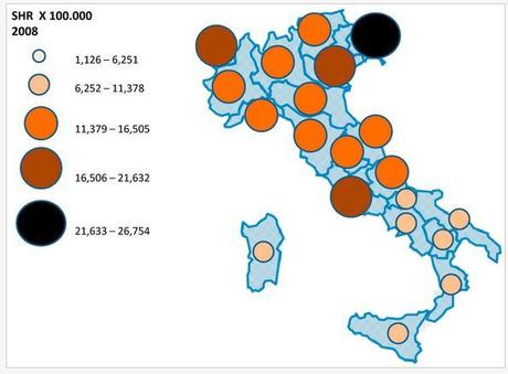 Differenza dei Ricoveri per il MELANOMA nelle varie regioni italiane nel 2008