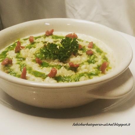 Risotto mantecato al Mascarpone con crema di Rucola e coriandoli di crudo Vigezzino croccanti