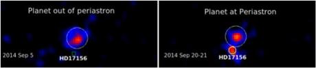 Immagini in raggi X di HD 17156 ottenute con il pianeta lontano dal periastro (a sinistra) e vicino al periastro (a destra). La stella oggetto dello studio è quella indicata con un quadrato verde, che risulta visibile soltanto nella seconda osservazione (20-21 settembre). L'oggetto più in alto nel campo di vista di XMM-Newton è una sorgente di raggi X molto più lontana, che casualmente appare vicina ad HD 17156 per semplici ragioni di prospettiva, ma non ha alcuna relazione con il sistema planetario. 
