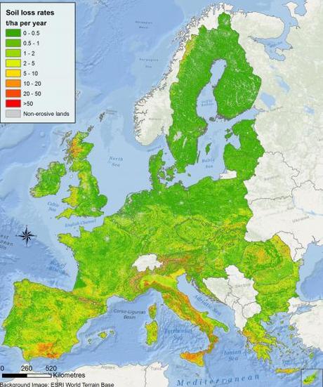 Map of EU showing soil loss by water erosion