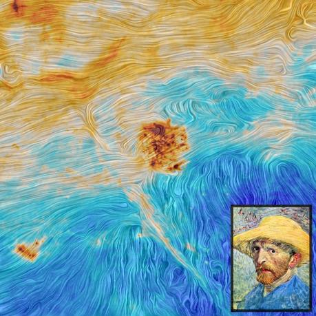 Le Nubi di Magellano nell'obiettivo del satellite ESA Planck (crediti: ESA e Planck Collaboration), a confronto con uno dei più celebri autoritratti di Van Gogh.