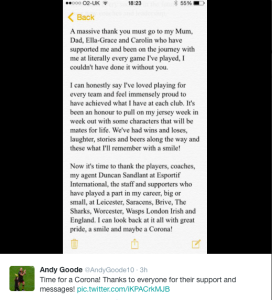 “il rugby degli altri”: Andy Goode annuncia l’addio al rugby
