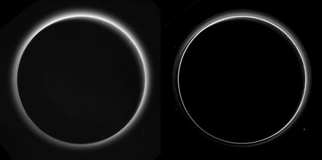 In questa immagine, il Sole si trova dietro Plutone e ne illumina la foschia atmosferica. Nell’elaborazione di destra si distinguono diversi strati, mentre in quella a sinistra si intravedono dei raggi crepuscolari, simili alle ombre proiettate dalle montagne terrestri sulle nubi dopo il tramonto. Crediti: NASA/Johns Hopkins Univ./SwRI
