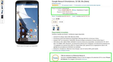 Offerta speciale Amazon: Nexus 6 a 334 euro con promozione Motorola ProntoMoto