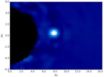 Un fotogramma dell'animazione: al centro, l'esopianeta Beta Pictoris B, come appare dalle riprese del Gemini Planet Imager (GPI) installato al telescopio Gemini South sulle ande cilene. Crediti: Maxwell Millar-Blanchaer