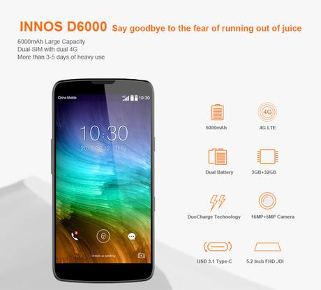 Innos D6000: 6000 mAh di batteria, 3 Gb di Ram, 16 Mpx in Promozione con il nostro Coupon