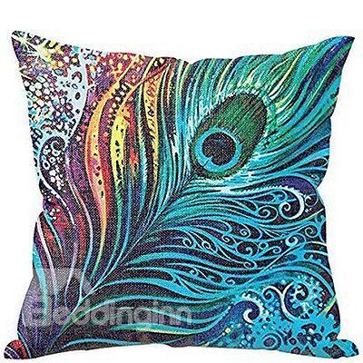 Vintage Peacock Feather Design Linen Throw Pillow Case