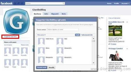 suggerisci agli amici facebook pagina gruppo