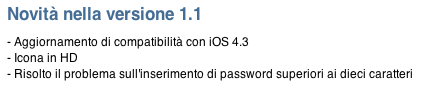 Aggiornamento per l'applicazione iPostepay versione 1.1 risolvendo un importante bug sull'inserimento delle password